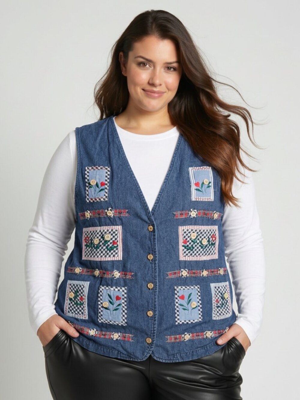 Vintage Denim Quilted Patchwork Floral Embroidered 90s Y2K Vest Jacket